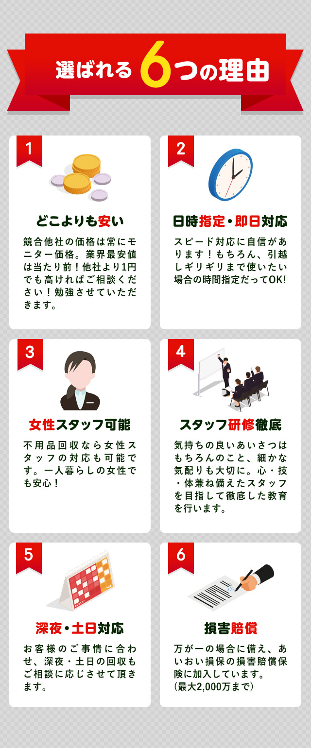 不用品回収ライオンクリーン静岡が選ばれる６つの理由。どこよりも安い・競合他社の価格は常にモニター価格で業界最安値はあたりまえ！他社より１円でも高ければご相談ください！勉強させていただきます。日時指定、即日対応・弊社はスピード対応に最も自信があります。もちろん、引っ越しギリギリまで使いたい場合でも大丈夫！女性staff常駐・不用品回収ライオンクリーン静岡なら女性スタッフの対応が可能です。一人暮らしの女性でも安心しておまかせできます。スタッフ研修徹底・笑顔で気持ちの良い挨拶はもちろん、細かな気配りも大切にしています。心、技、身体兼ね備えたスタッフをめざして徹底した教育を行っています。深夜・土日祝対応・お客様のご都合にあわせて、深夜や土日祝のご対応も相談に応じて対応させていただきます。損害賠償。万が一の場合に備えて、あいおい損保の損害賠償保険に加入しています。(最大2,000万まで)