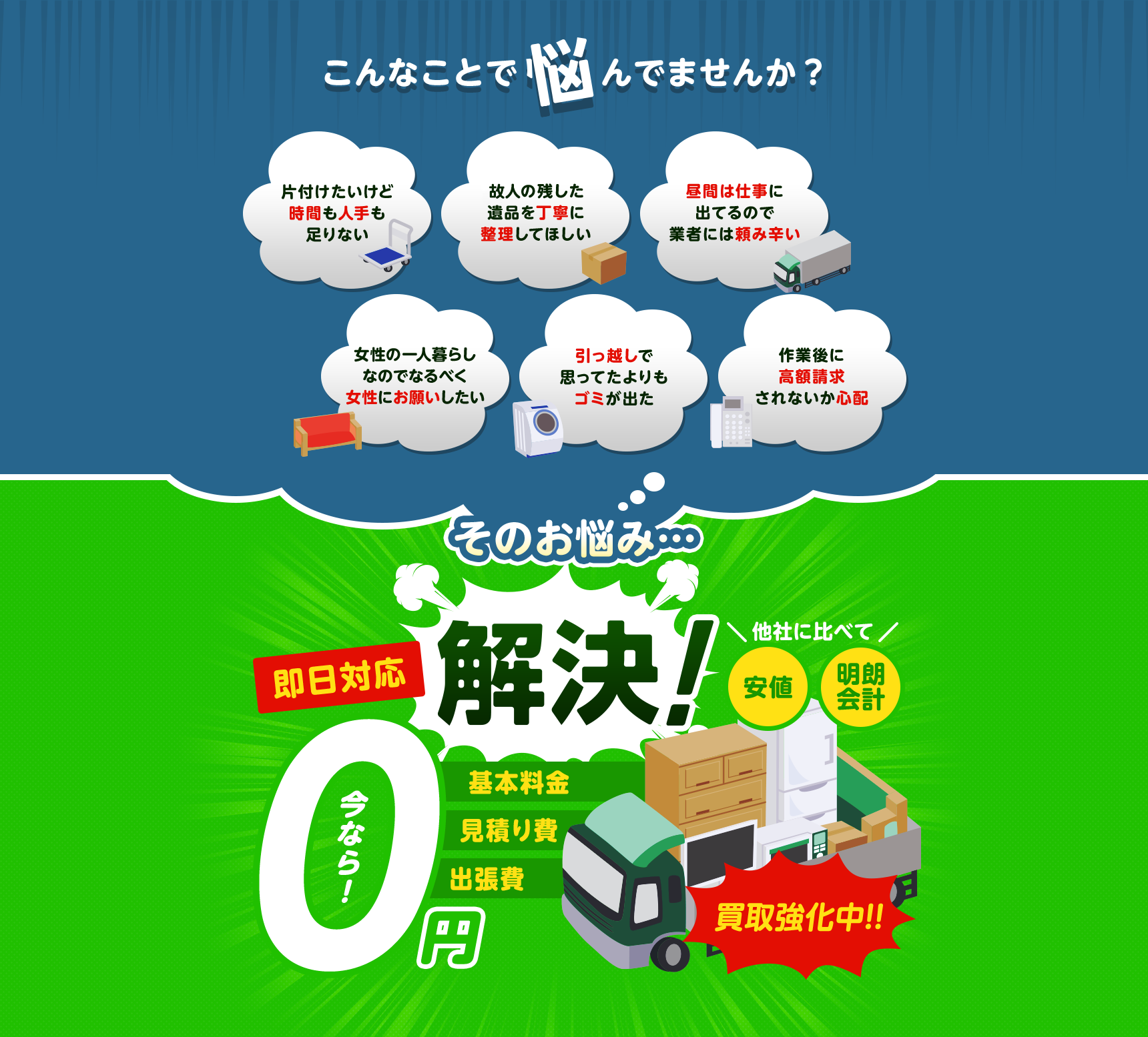 こんなお悩みがあれば不用品回収ライオンクリーン静岡にお任せ下さい。片付けしたいけど時間や人手が足りなくて困っている。個人が残した遺品などを丁寧に整理してほしい。仕事が忙しくてなかなか業者さんに頼みずらい。女性の一人暮らしなのでなるだけ女性スタッフにお願いしたい。引っ越しで思っていた以上にゴミが出て困っている。作業後に高額請求されないか不安で依頼できないこんなお悩みすべてキラキっこ群馬が解決します！他社に比べて安値・明朗会計・即日対応・基本料金0・見積もり費0・出張費0・なんと、今なら買取強化中！